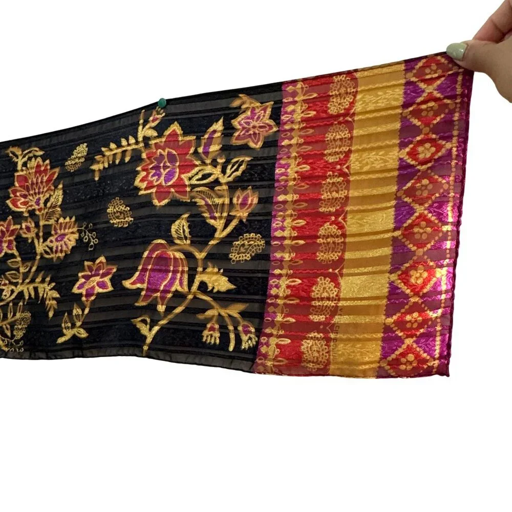 Vintage Liz Claiborne Floral‎ Stripe Scarf Black Red Gold Lightweight Wrap